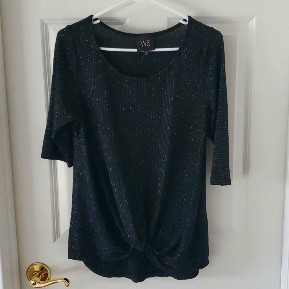 W5 Anthropologie Black and Metallic Silver Striped Bottom Tie Blouse Size M
